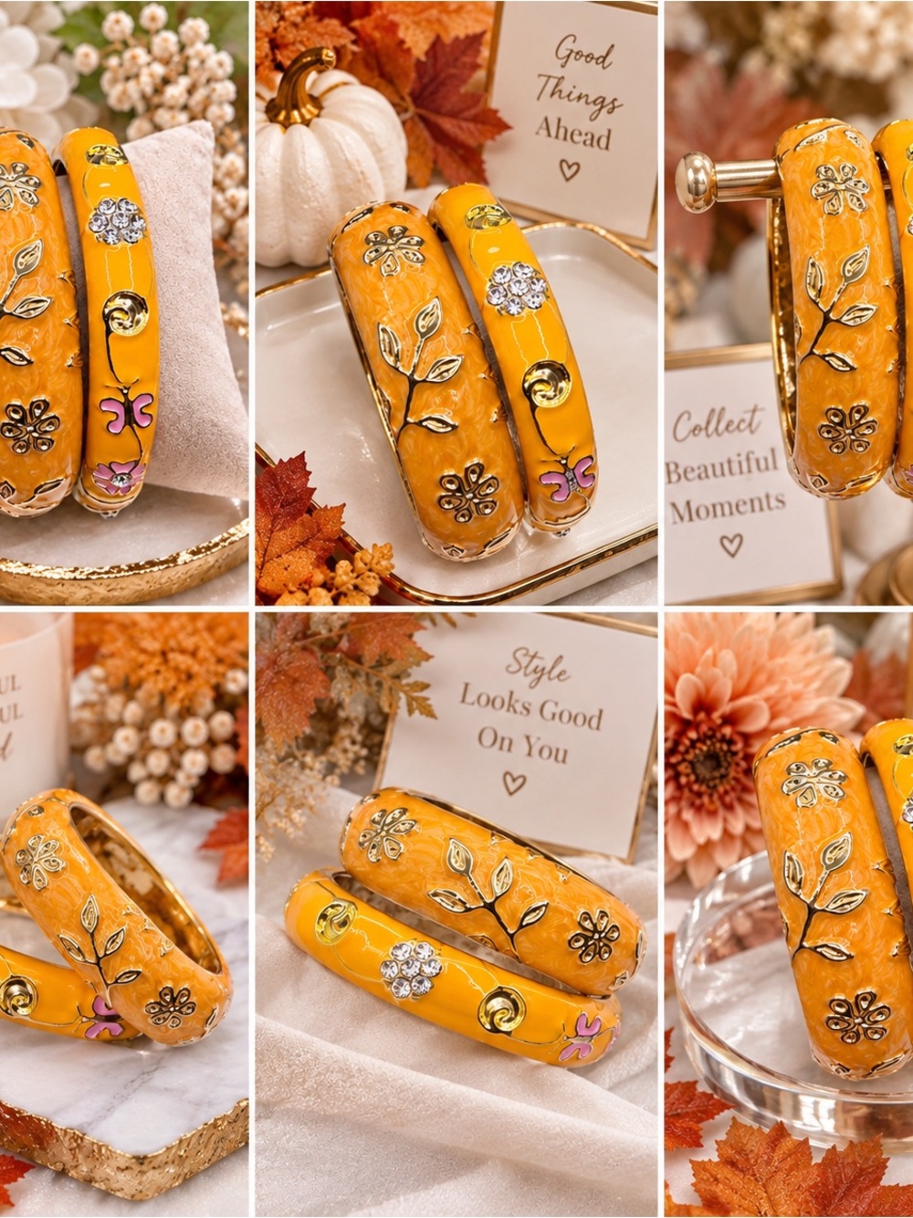 Fall fest Orange Enamel Floral Gold Tone Hinged Bangle Bracelet Set of 2 - Picture 4 of 10